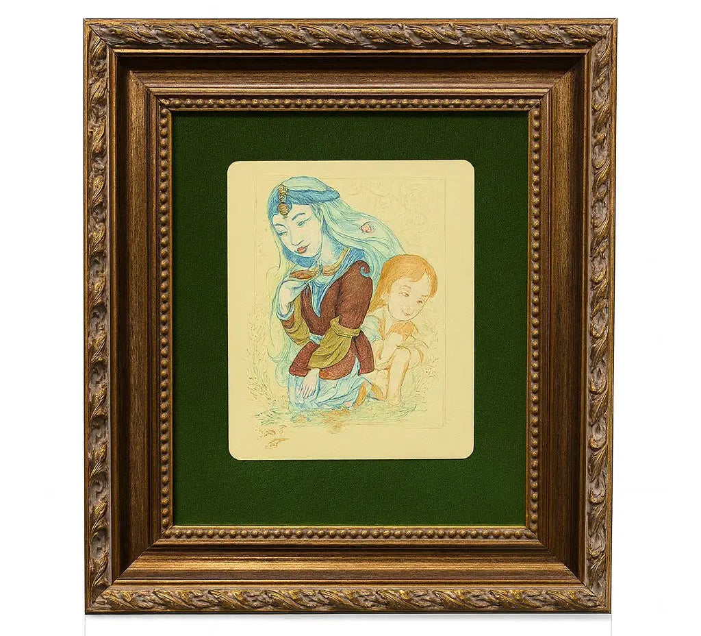 Tapestry, Decorative textile with intricate embroidery of a seated figure. Approx. 12" x 12"